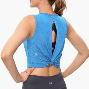 Workout Cropped Crop Tank Tops for Women Twist Tie Back Sleeveless, Blue MED